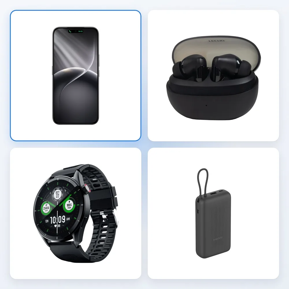 Смартфон TECNO и всё к нему Комплект: смартфон TECNO, наушники, смарт-часы и пауэрбанк