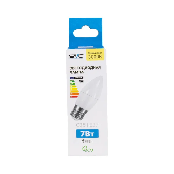 Лампа светодиодная SVC LED C35-7W-E27-3000K Свеча Тёплый