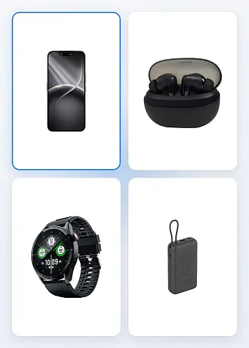 Комплект: смартфон TECNO, наушники, смарт-часы и пауэрбанк