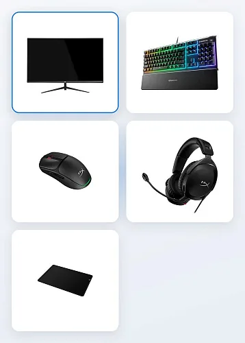 Комплект для игрового места: монитор, клавиатура, мышь, гарнитура, коврик