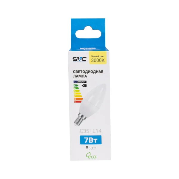Лампа светодиодная SVC LED C35-7W-E14-3000K Свеча Тёплый