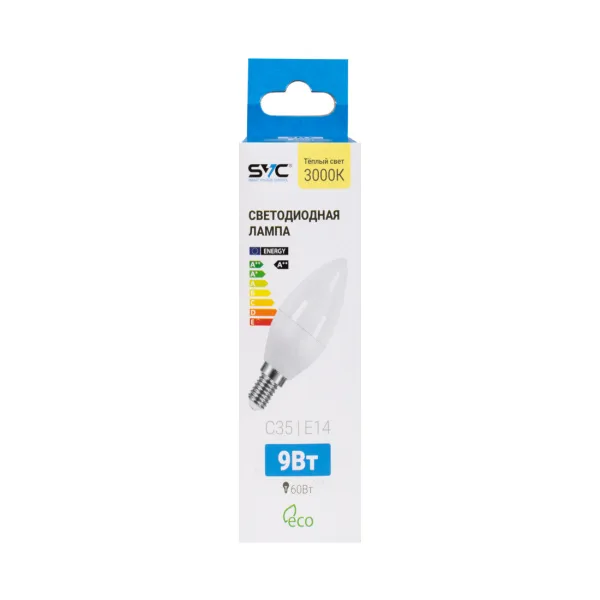Лампа светодиодная SVC LED C35-9W-E14-3000K Свеча Тёплый