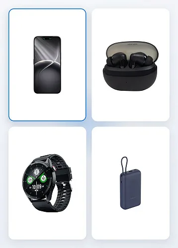 Комплект: смартфон TECNO, наушники, смарт-часы и пауэрбанк