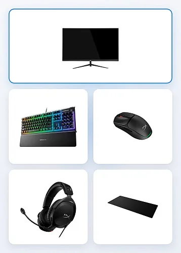 Комплект для игрового места: монитор, клавиатура, мышь, гарнитура, коврик
