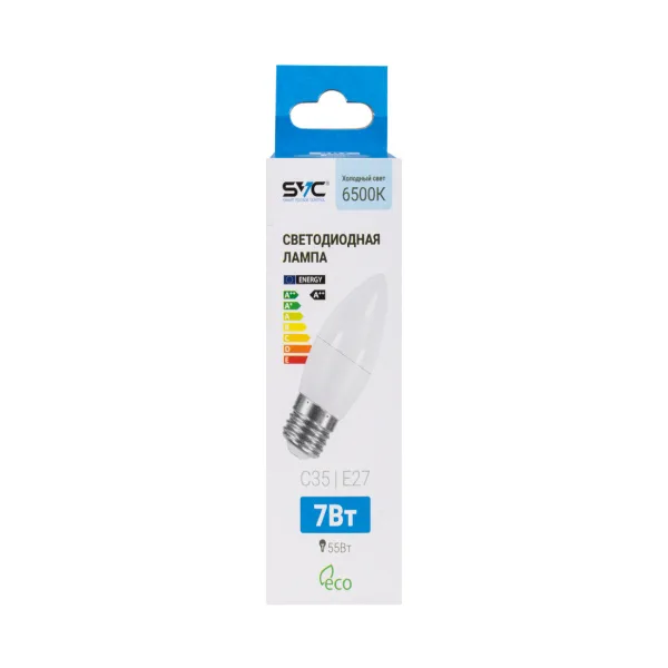 Лампа светодиодная SVC LED C35-7W-E27-6500K Свеча Холодный