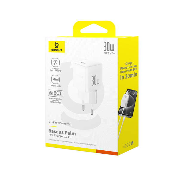 Адаптер питания Baseus Palm 1C 30W White ( в комлпекте кабель Type-c ) (P10111605213-01) в интернет магазине Stels.kz