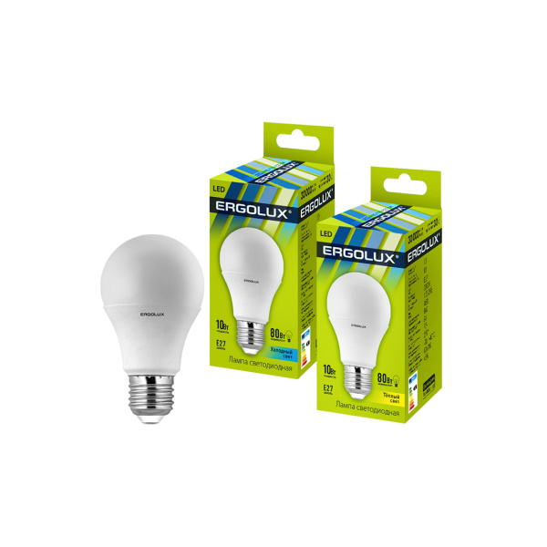 Эл. лампа светодиодная Ergolux LED-A60-10W-E27-3K, Тёплый
