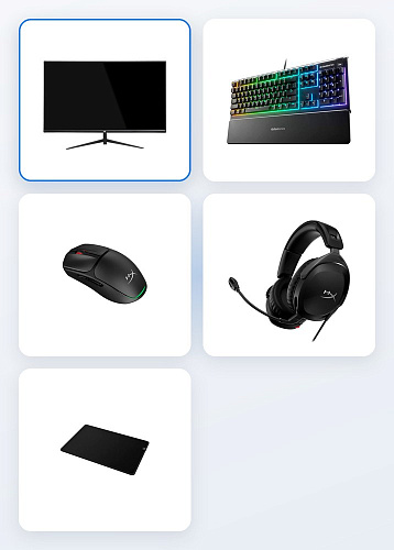 Комплект для игрового места: монитор, клавиатура, мышь, гарнитура, коврик