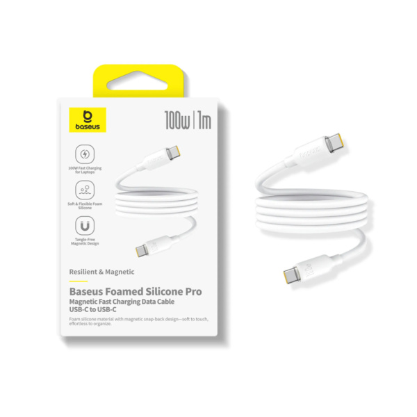 Интерфейсный кабель Baseus Foamed Silicone Pro Magnetic USB-C to USB-C 100W White 1m (E0426D01) в интернет магазине Stels.kz