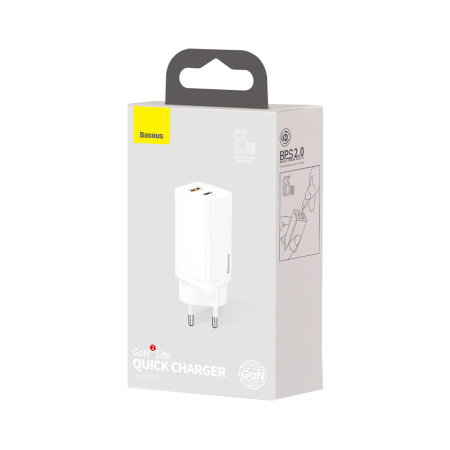 Адаптер питания Baseus GaN2 Lite Quick ChargerC+U 65W EU White (CCGAN2L-B02) в интернет магазине Stels.kz