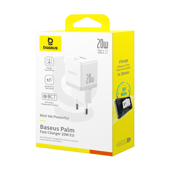 Адаптер питания Baseus Palm C+U 20W White(P10111608213-00) в интернет магазине Stels.kz