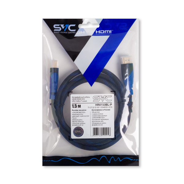 Интерфейсный кабель HDMI-HDMI SVC HR0150BL-P, 30В, Синий, Пол. пакет, 1.5 м в интернет магазине Stels.kz