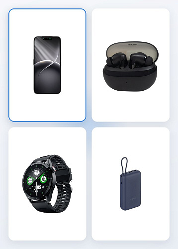 Комплект: смартфон TECNO, наушники, смарт-часы и пауэрбанк