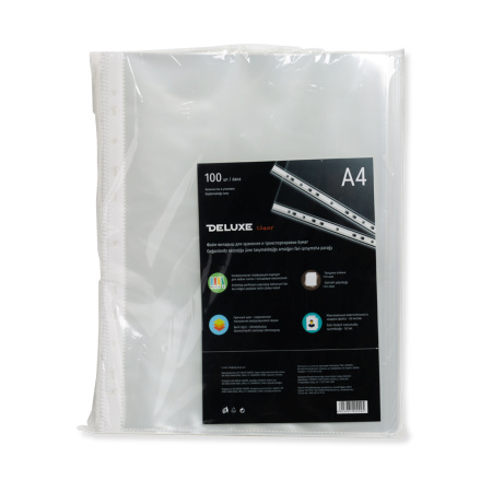 Файл-вкладыш пластик. Deluxe Clear A4100M, A4, 100 мкм. (пакет 100 файлов) в интернет магазине Stels.kz